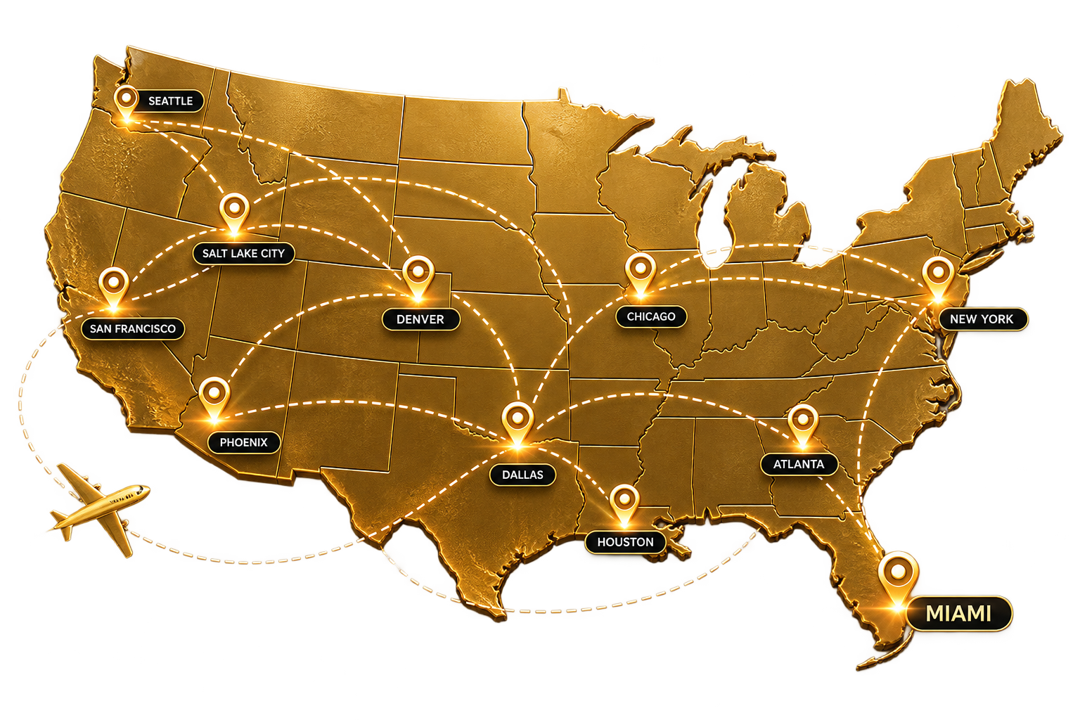 Mapa de rutas por Estados Unidos con Miami destacada